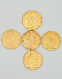 Lot 48 - Cinq pièces 20 Francs or