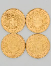 Lot 50 - Quatre pièces Or 20 Francs Suisses