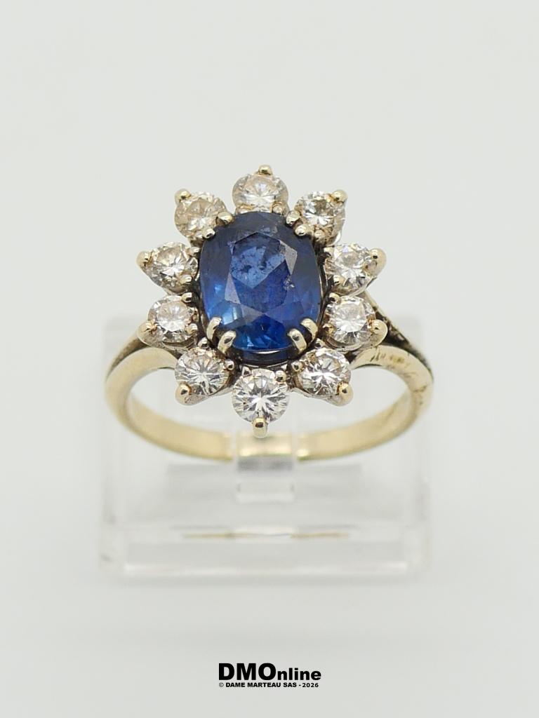 Oval blue sapphire surrounded by a halo of diamonds set in a gold ring on a clear display stand (jewelry). Casual but descriptive for informative use.