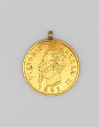 Gold pendant shaped like a coin showing Vittorio Emanuele II in profile and the year 1863, with a small loop at the top.